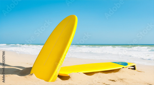 Yellows surfboard on the beach by Generative AI