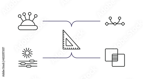 edit tools outline icons set. thin line icons such as needle case, curvature, school triangle, lightness, opacity vector.