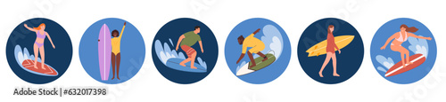 Summer Surfing extreme active sport emblem collection. Different race people surfer in swimwear on surfboard. Vector illustration in flat cartoon style