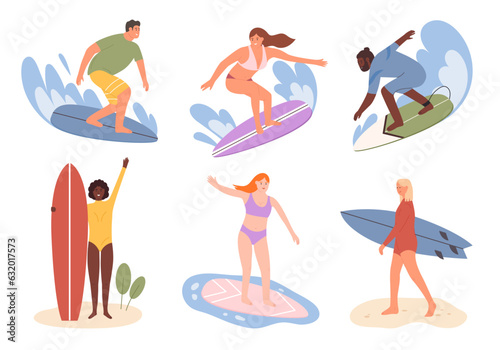 Canvas Print Diverse people Surfing on surfboard and Having Fun