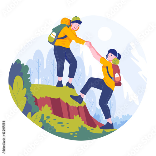 A couple is climbing a mountain together
