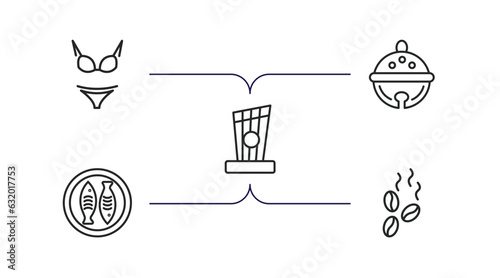 culture outline icons set. thin line icons such as female bikini piece, sleigh bell, kankles, imperial carp, coffee grains vector.