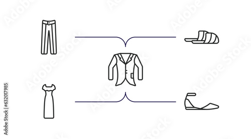 clothes outline icons set. thin line icons such as oxford wave suit pants, sleepers, oxford wave blazer, long sleeveless dress, flat shoes vector.
