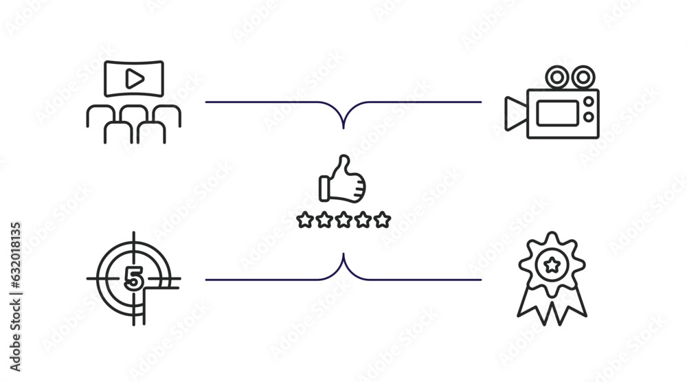 cinema outline icons set. thin line icons such as theatre screen, movie camera, thumb up with star, movie countdown, award vector. cinema outline icons set. thin line icons such as theatre screen, movie camera, thumb up with star, movie countdown, award vector.