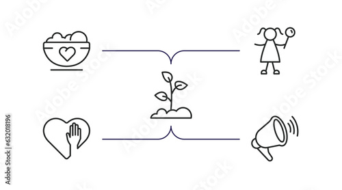 charity outline icons set. thin line icons such as charity food, happy kids, reforestation, voluntary service, loudspeaker vector.