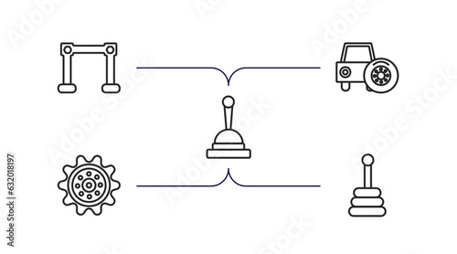 car parts outline icons set. thin line icons such as car torsion bar, car spare wheel, handbrake, sprocket, transmission vector.