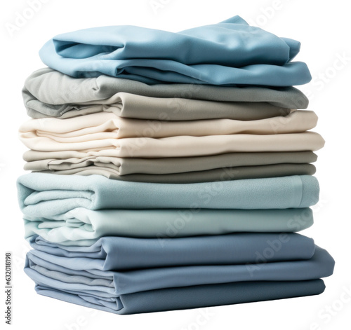 Stack of colorful perfectly folded clothing items. Pile of different pastel color shirts isolated.