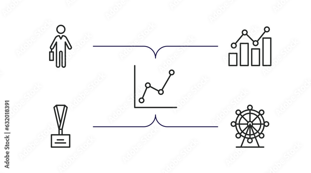 business outline icons set. thin line icons such as employee going to work, growing bar graph, graphic chart, lanyard, big wheel vector.