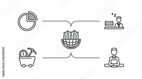 business outline icons set. thin line icons such as quarter pie chart, sleepy worker at work, globe analytics, proof of work, boss reading a document vector.