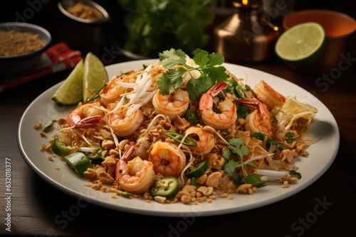 a vibrant plate of Pad Thai showcasing stirfried rice noodles with shrimp ai generated