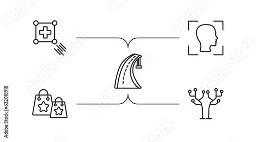 artificial intellegence outline icons set. thin line icons such as match moving  face recognition  motorway  shopping bag  technology tree vector.