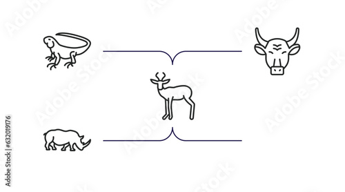 animals outline icons set. thin line icons such as salamander, iguana, bull, antelope, rhinoceros vector.