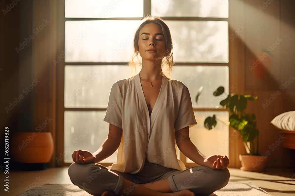 Healthy serene young woman meditating at home with eyes closed, relaxing body and mind sitting on floor in living room. Mental health and meditation for no stress Healthy serene young woman meditating at home with eyes closed, relaxing body and mind sitting on floor in living room. Mental health and meditation for no stress