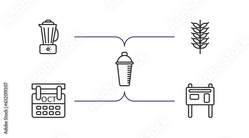 alcohol outline icons set. thin line icons such as blender, malt, shaker, october, vector.