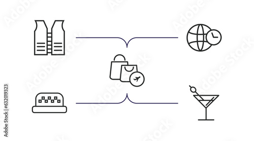 airport terminal outline icons set. thin line icons such as lifesaver best, time zones, duty free basket, taxi, martini with olive vector.