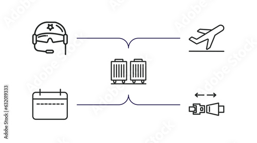 airport terminal outline icons set. thin line icons such as pilot helmet, departures flights, picking luggage, week calendar, airplane security belt vector.