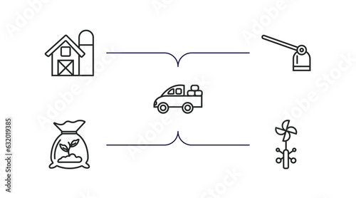 agriculture farming outline icons set. thin line icons such as barn, hoe, pickup, fertilizer, vane vector.