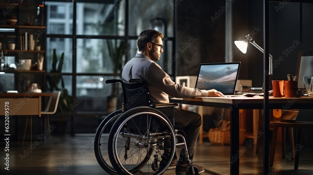Man sitting in a wheelchair at his workplace and looking at the display Man sitting in a wheelchair at his workplace and looking at the display