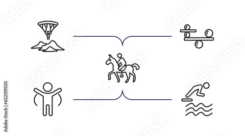 activity and hobbies outline icons set. thin line icons such as gliding parachutist, balancing, horse riding, warming up, jumping to the water vector.