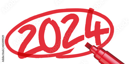 L’année 2024 écrite à la main et entourée d’un cercle rouge sur un fond de papier blanc, avec un feutre ou un marqueur.