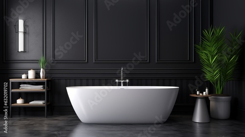 Modern bathroom interior with white bathtub and chic vanity  black walls  parquet floor