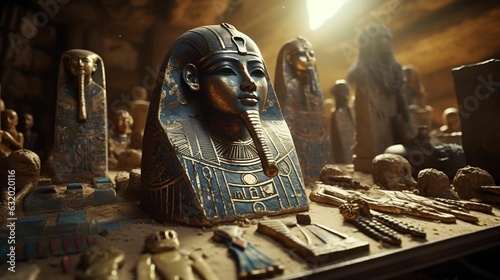 Ancient Egyptian Artifacts and Pharaoh statues in a tomb