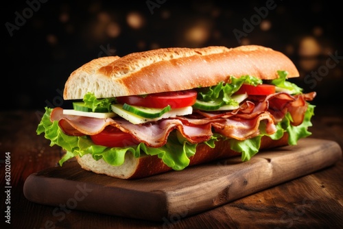 Sandwich with prosciutto, tomato and salad on a wooden rustic background.