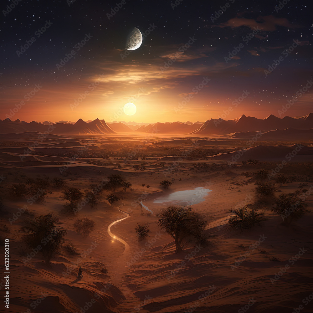 Digital Painting: Serene Desert Landscape with Moon Glow and Realistic Lantern (Generative AI)

