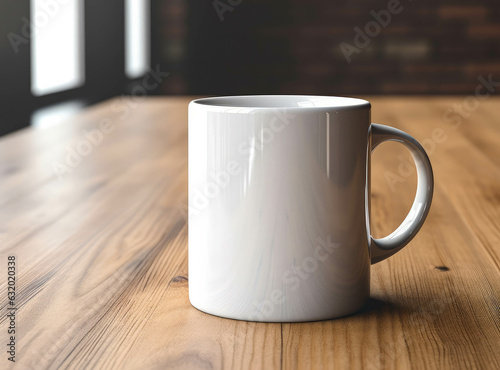 Mockup: Blank Coffee Mug on Wooden Table for Personalized Design (Generative AI)


