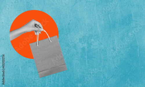 Shopping Therapy. Contemporary art collage of hand with shopping bag on blue background.