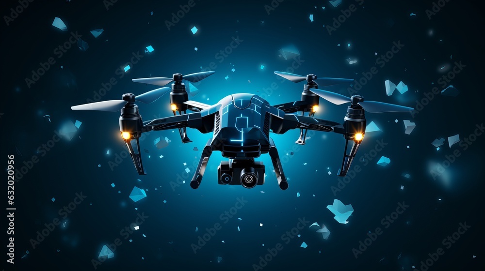 Naklejka premium Digital vector 3d illustration of drone with camera in dark blue. Drone videography, aerial photography, modern technology concept. Abstract low poly quadcopter with dots, lines, generative ai
