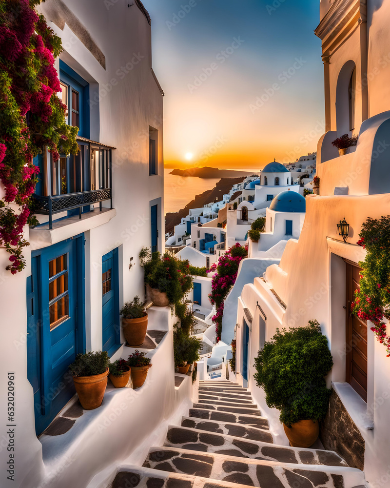 street view of town in Santorini island in Greece at sunset  -- Greek architecture - Generative AI	