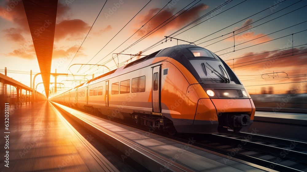 High speed orange train in motion on the railway station at sunset. Modern intercity passenger train with motion blur effect on the railway platform. Industrial. Railroad in Europe. generative ai
