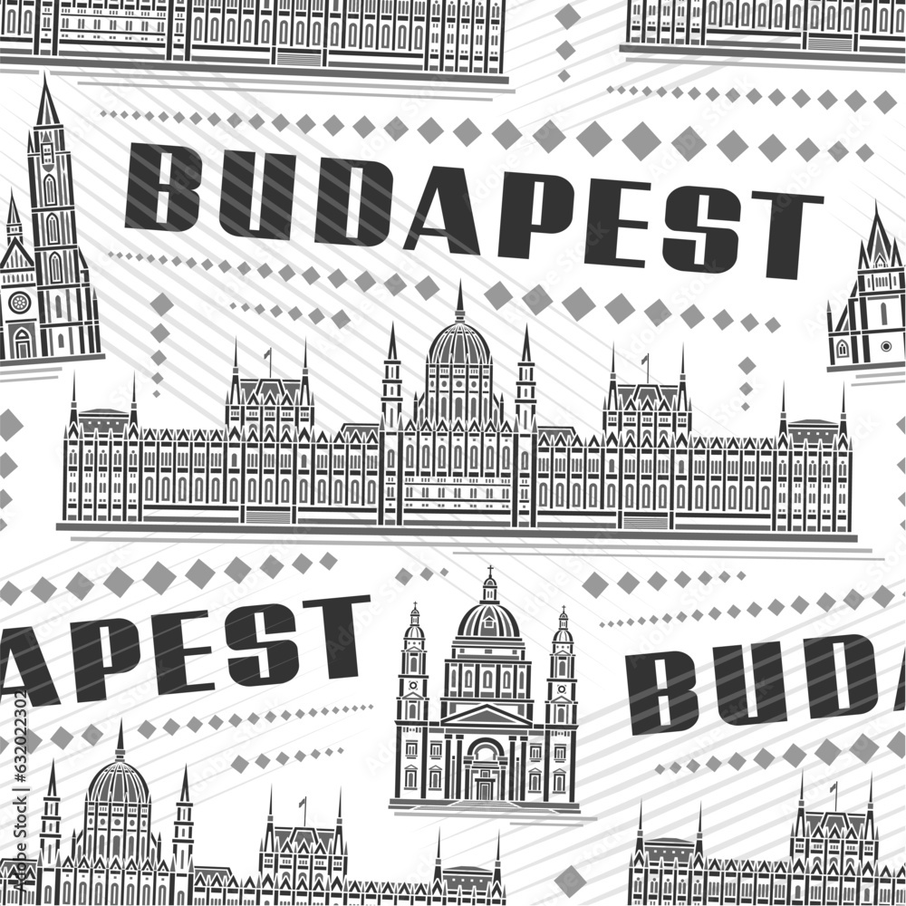 Vector Budapest Seamless Pattern, square repeating background with illustration of famous european budapest city scape on white background, monochrome line art urban poster with black text budapest