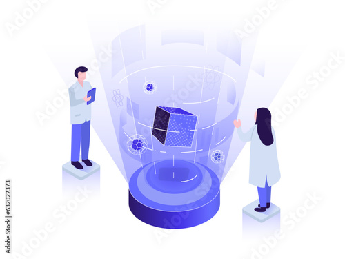 Magnetic levitating above a high temperature Superconductor, cooled with Liquid Nitrogen. People scientists study the science of levitation. Vector illustration