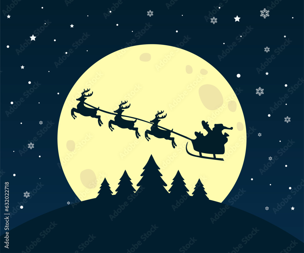 Naklejka premium Santa in a reindeer sleigh in the sky against the backdrop of a large yellow moon.Greeting card Merry Christmas and Happy New Year. Vector