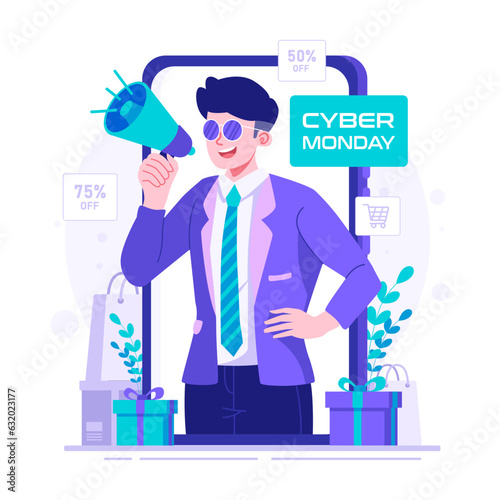 Man promoting discount price on cyber monday