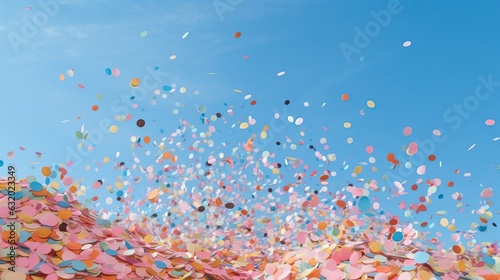  Confeti against the backdrop of the blue sky. Holiday concept