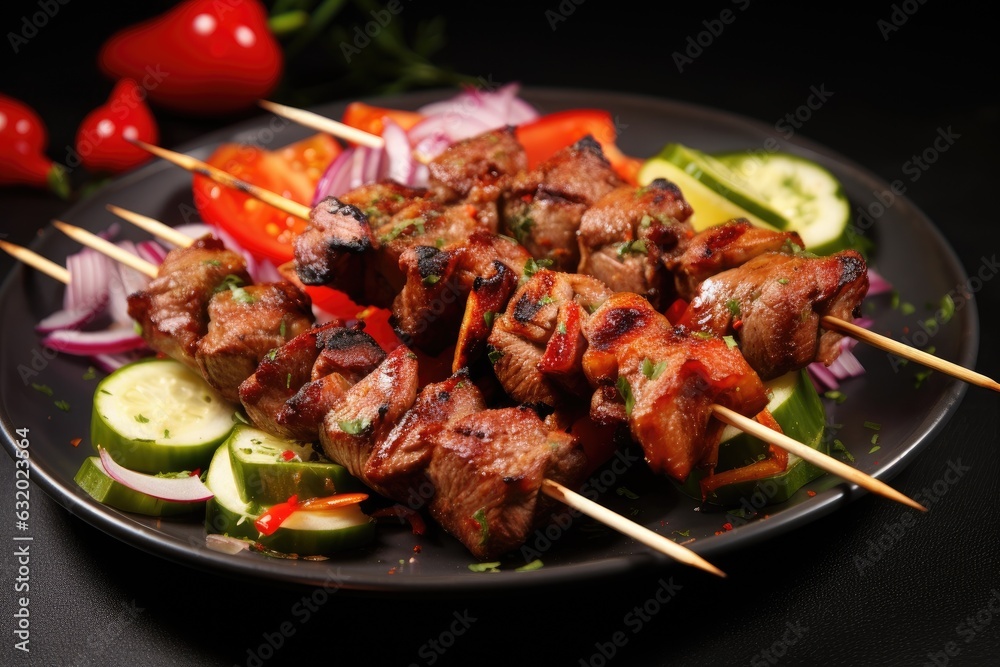 Traditional Kebab. Juicy pork skewers with vegetables on a plate.