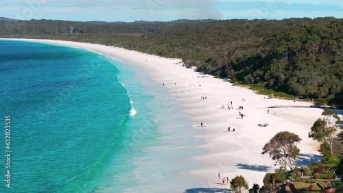 Drone aerial view of Beautiful nature of the ocean and beach in Canberra, Australia in sunny day. People relax and enjoy outdoor lifestyle travel at the sea on summer holiday vacation.
