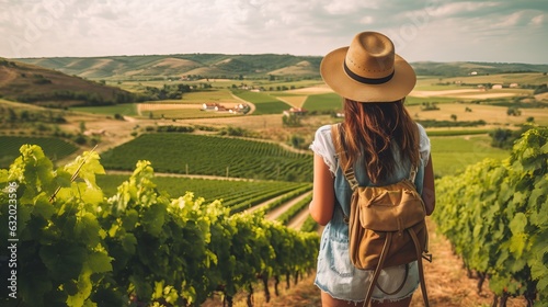 Woman tourist in straw hat admirin green vineyard