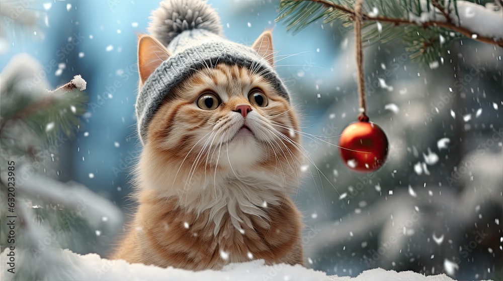 Christmas funny cat surrounded by snowflakes Christmas funny cat surrounded by snowflakes