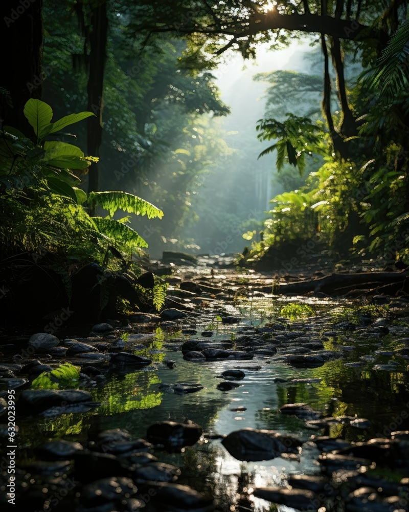 A lush rainforest teeming with vibrant biodiversity, where sunlight filters through the canopy 