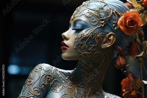 A high-fashion studio shot of a model with intricate body paint and prosthetics, blurring the line between art and reality and highlighting the transformative nature of both plastic surgery and artist
