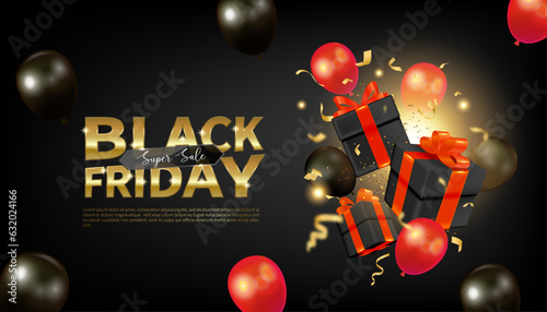 Modern black friday sale background, poster with balloons and gifts