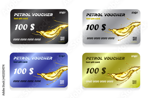 Fuel discount cards. refuel gift coupon, gasoline voucher on petrol fueling diesel vehicle or auto oil, privilege card template of gas station service, premium card with spread oil