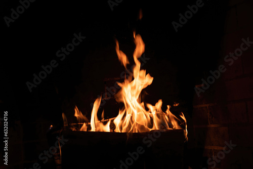 Fireplace with fire burning on logs