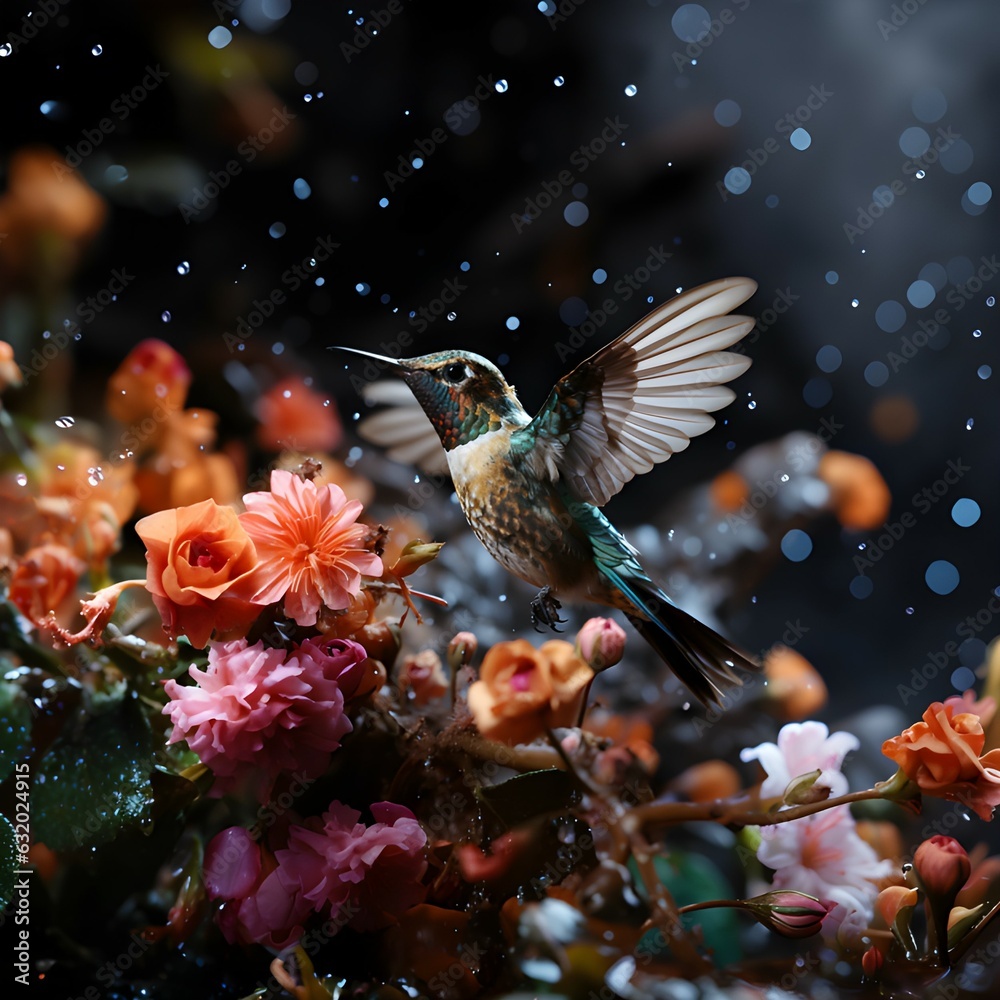 Fototapeta premium Hummingbird flying taken the nectar from the flower Generative AI