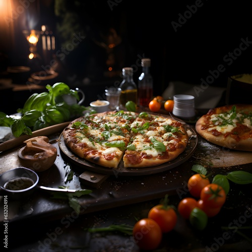 Rustic italian pizza with mozzarella, cheese and basil leaves Generative AI