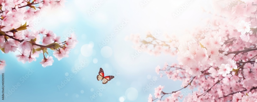 Spring banner, branches of blossoming cherry against background of blue sky and butterflies on nature outdoors. Pink sakura flowers, dreamy romantic spring, landscape panorama, copy, Generative AI Spring banner, branches of blossoming cherry against background of blue sky and butterflies on nature outdoors. Pink sakura flowers, dreamy romantic spring, landscape panorama, copy, Generative AI